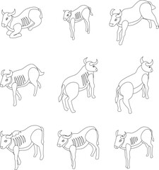 Wildebeest icons set. Isometric set of wildebeest vector icons outline thin lne isolated on white