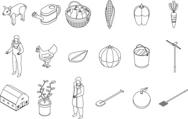 agronomist icons set. Isometric set of agronomist vector icons outline thin lne isolated on white