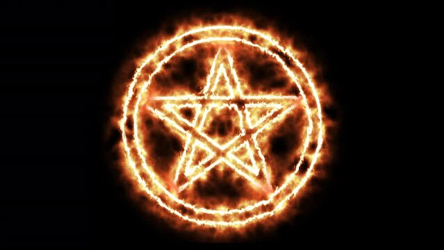 Golden luminous mystic pentagram in circle. Neon light. Esoteric occult spiritual symbol. Isolated on black background. 29,97 fps 