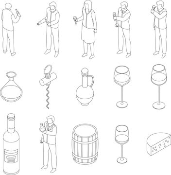 Sommelier icons set. Isometric set of sommelier vector icons outline thin lne isolated on white