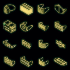 Medical mask icons set. Isometric set of medical mask vector icons neon color on black