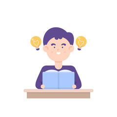 a boy studying and reading a book. facial expressions of people who are happy, comfortable, enjoying the learning process. smart student or child. flat cartoon illustration. vector character design