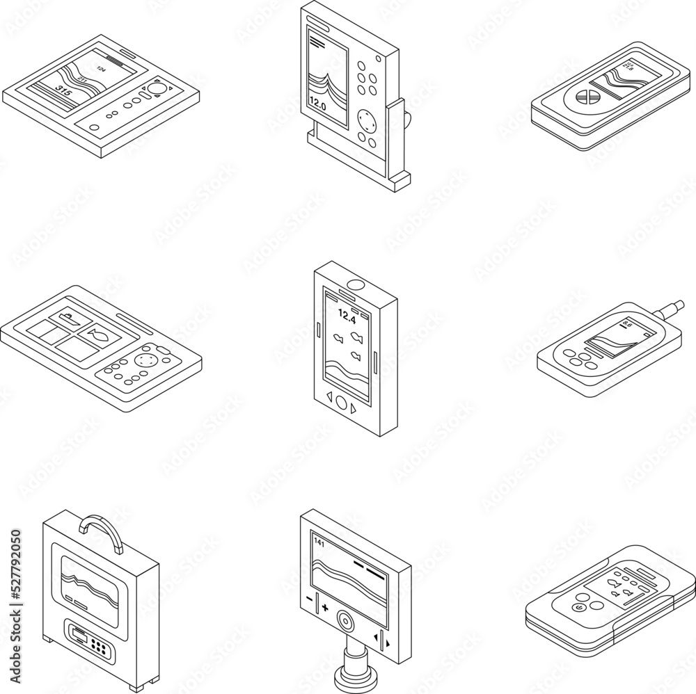 Poster echo sounder icons set. isometric set of echo sounder vector icons outline thin lne isolated on whit