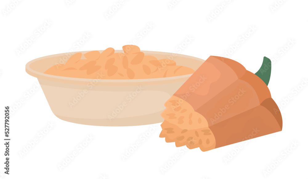 Poster pumpkin fleshy part semi flat color vector object. full sized item on white. squash seeds. preparing