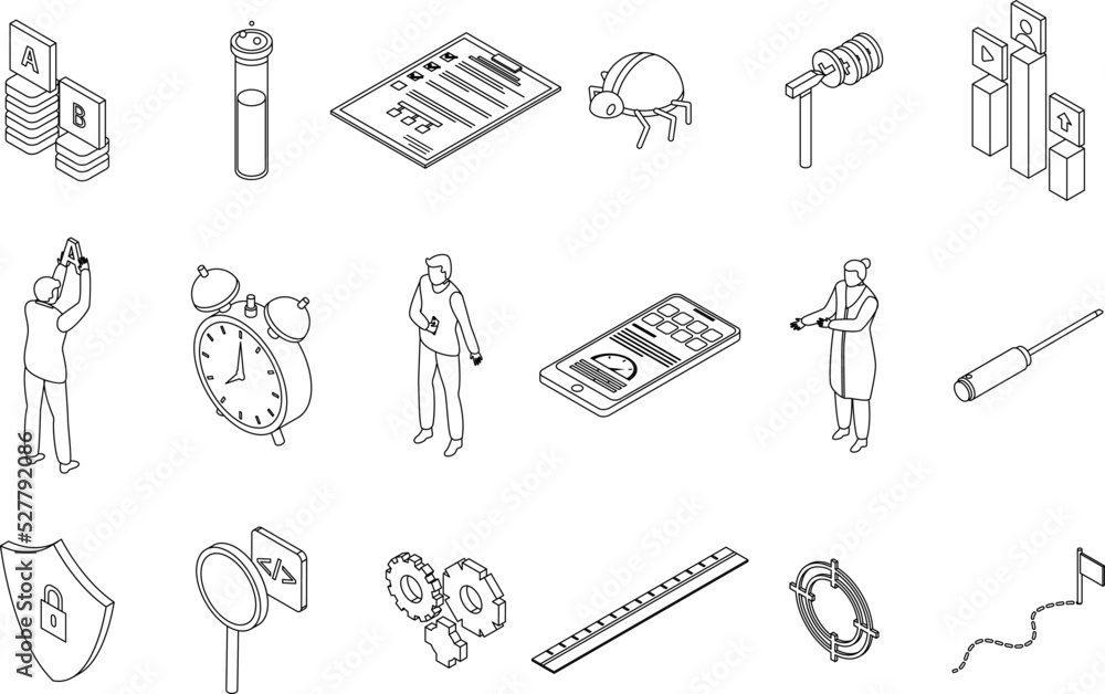 Poster testing software icons set. isometric set of testing software vector icons outline thin lne isolated