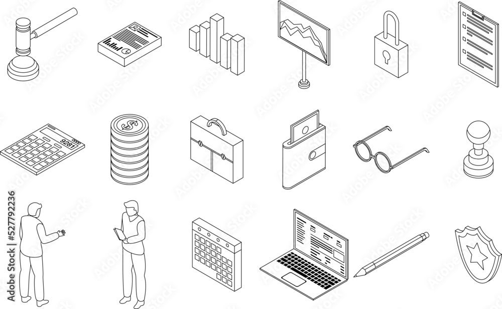 Poster audit icons set. isometric set of audit vector icons outline thin lne isolated on white