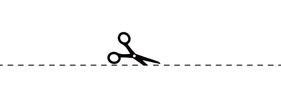 Black scissors crop voucher border. Shear with dash cut line. Dot marks on white coupon background. Trim ribbon with scissor isolated. Vector illustration.