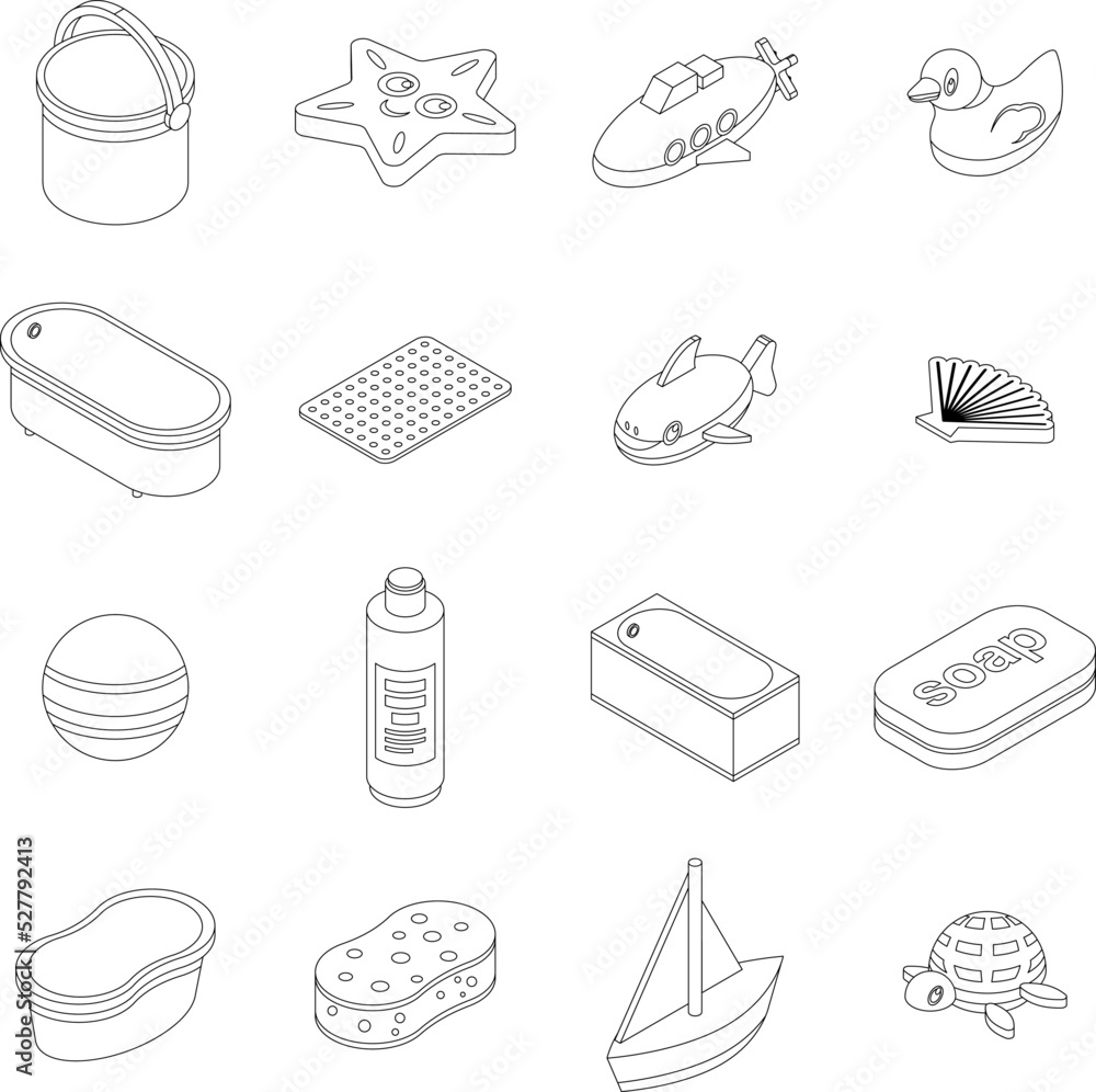 Wall mural Bath toys icons set. Isometric set of bath toys vector icons outline thin lne isolated on white - Wall murals