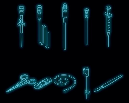 Catheter icons set. Isometric set of catheter vector icons neon color on black