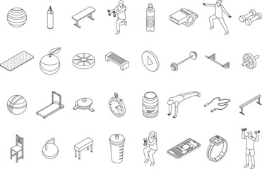 Home training icons set. Isometric set of home training vector icons outline thin lne isolated on white