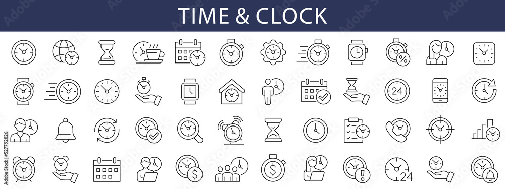 Poster Time thin line icons set. Time and Clock editable stroke icons. Stopwatch symbol. Vector