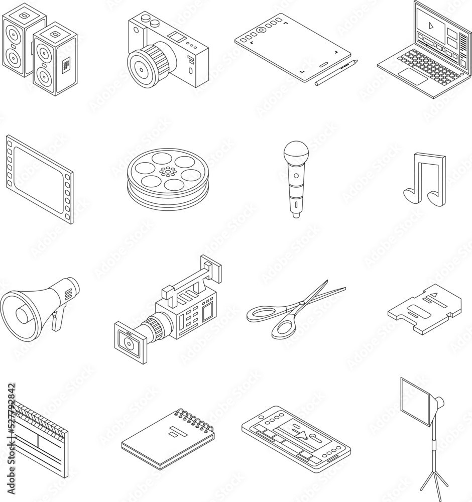 Poster video editing icons set. isometric set of video editing vector icons outline thin lne isolated on wh