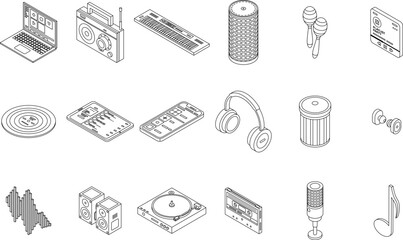 Playlist icons set. Isometric set of playlist vector icons outline thin lne isolated on white