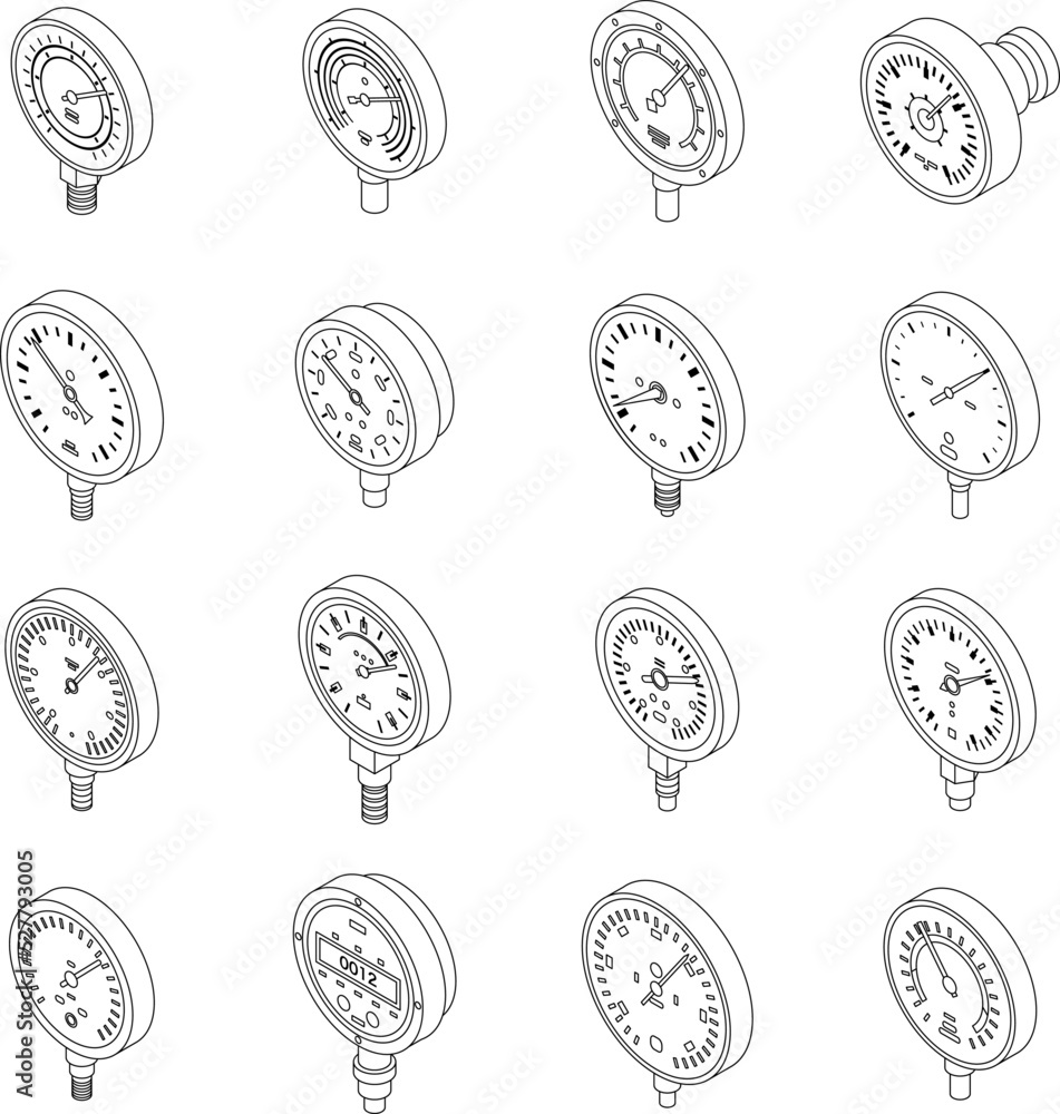 Poster manometer icons set. isometric set of manometer vector icons outline thin lne isolated on white