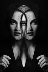 Abstract, fine art, sci-fi and fashion concept. Woman portrait in mirror blending effect style....