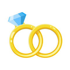 Gold wedding rings on a white background. Gold engagement ring with blue diamond