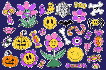 Fototapeta Groovy halloween stickers set in retro 70s style. Psychedelic collection of hippie design elements. The power of monster flowers.  obraz