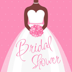Bridal Shower. A bride in a wedding dress with flowers. Bachelorette party invitation. 
