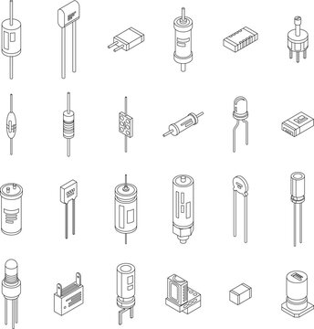Capacitor icons set. Isometric set of capacitor vector icons outline thin lne isolated on white