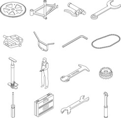 Bicycle repair icons set. Isometric set of bicycle repair vector icons outline thin lne isolated on white