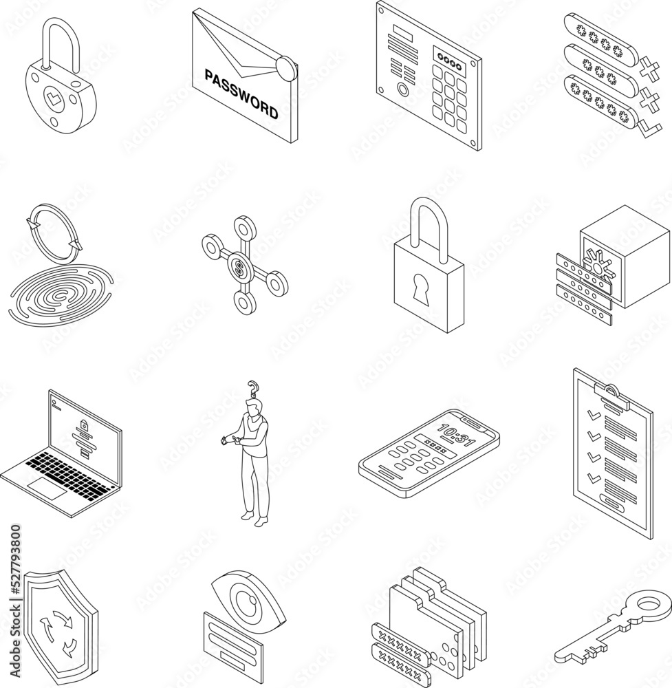 Poster password recovery icons set. isometric set of password recovery vector icons outline thin lne isolat