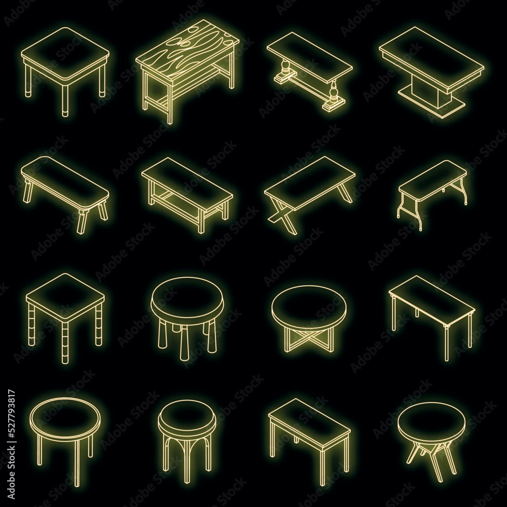 Poster table icons set. isometric set of table vector icons neon color on black