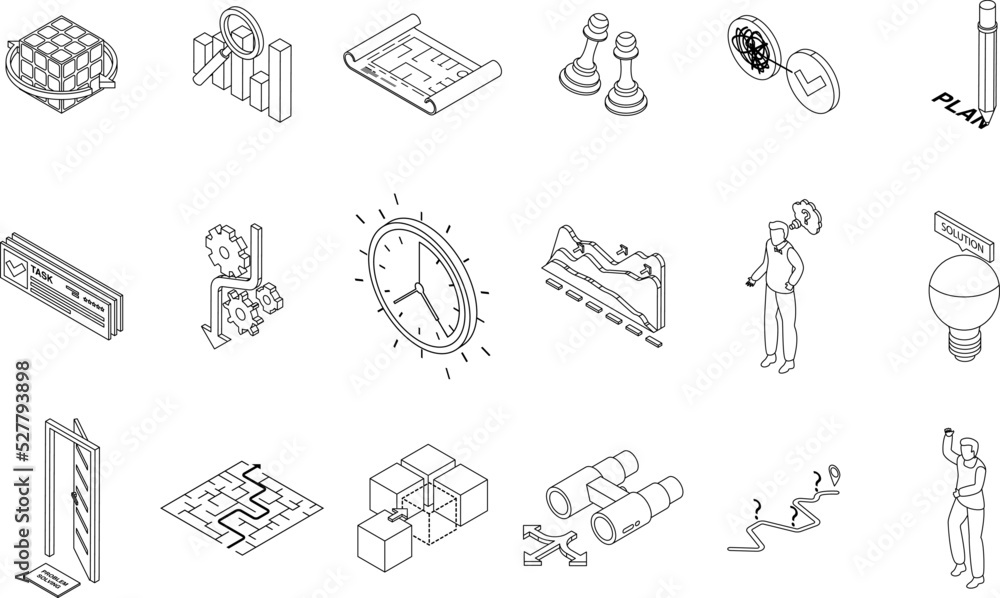 Poster problem solving icons set. isometric set of problem solving vector icons outline thin lne isolated o