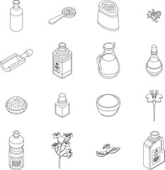 Canola icons set. Isometric set of canola vector icons outline thin lne isolated on white