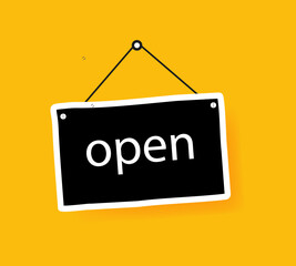 Vector illustration of signboard for the door on a thread on a yellow background. Open text. The establishment is open. Vector line icon for Business and Advertising