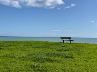 A sunny day looking out over the ocean in New Zealand with an empty park bench in the mid-ground