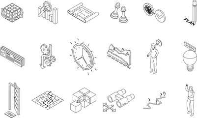 Problem solving icons set. Isometric set of problem solving vector icons outline thin lne isolated on white