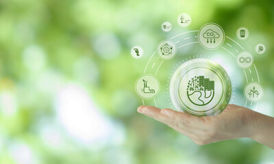 Eco friendly, green company culture concept. Carbon neutral and net zero target. Sustainable...