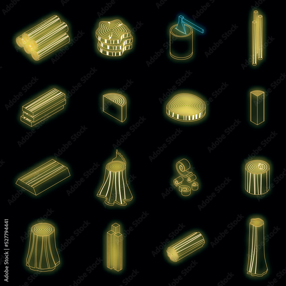 Aufkleber trunk tree icons set. isometric set of trunk tree vector icons neon color on black