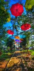 decoration of tourist attractions with colorful hanging umbrellas.
