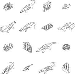 Crocodile icons set. Isometric set of crocodile vector icons outline thin lne isolated on white