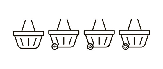 Shopping cart set icon. Check mark, arrow, cross, plus, add and remove items to the cart, like, star, favoirite. Purchase concept. Vector line icon for Business and Advertising © Кирилл Макаров