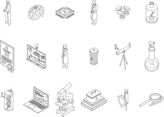 Research scientist icons set. Isometric set of research scientist vector icons outline thin lne isolated on white