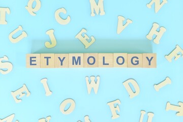 Etymology concept in English grammar and learning class lesson. Wooden blocks typography word flat lay in blue background.