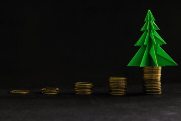 Christmas season high cost or price and inflation concept. Christmas tree with increasing stack of...