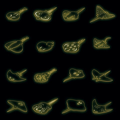 Stingray icons set. Isometric set of stingray vector icons neon color on black