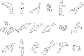 Swim with dolphins icons set. Isometric set of swim with dolphins vector icons outline thin lne isolated on white