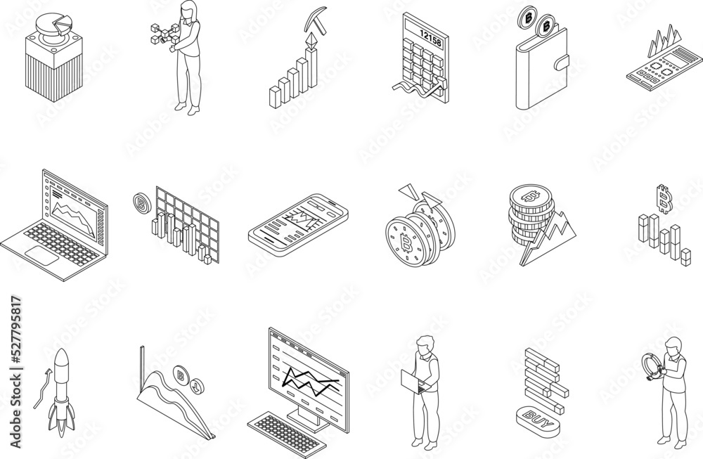 Poster bitcoin chart icons set. isometric set of bitcoin chart vector icons outline thin lne isolated on wh