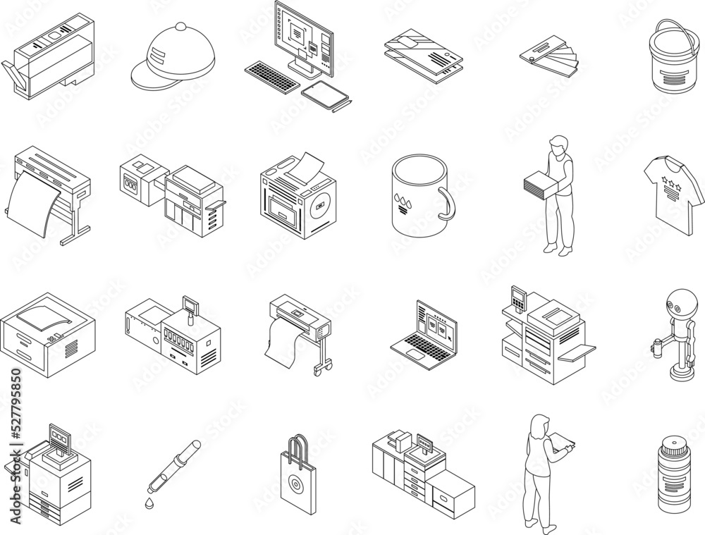 Poster digital printing icons set. isometric set of digital printing vector icons outline thin lne isolated