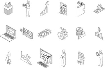 Bitcoin chart icons set. Isometric set of bitcoin chart vector icons outline thin lne isolated on white
