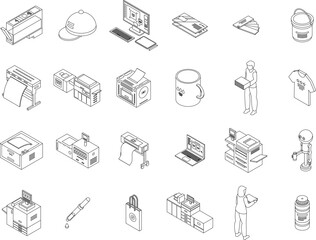 Digital printing icons set. Isometric set of digital printing vector icons outline thin lne isolated on white