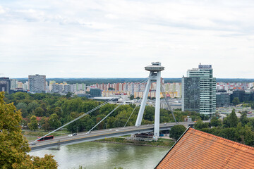 UFO tower and restaurant on the SNP bridge over the Danube river in Bratislava, Slovakia