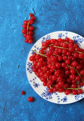 Red currant on blue ceramic plate. Blue texture background with copy space. Healthy eating concept. 