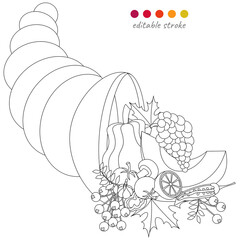 Still life with cornucopia, pumpkin and vegetables. Autumn collection. Relaxation coloring template.
