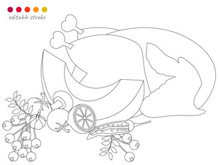 Still life with roasted turkey, pumpkin and berries. Autumn collection. Relaxation coloring template.