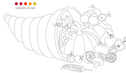 Still life with cornucopia, pumpkin, vegetables and fruits. Autumn collection. Relaxation coloring template.